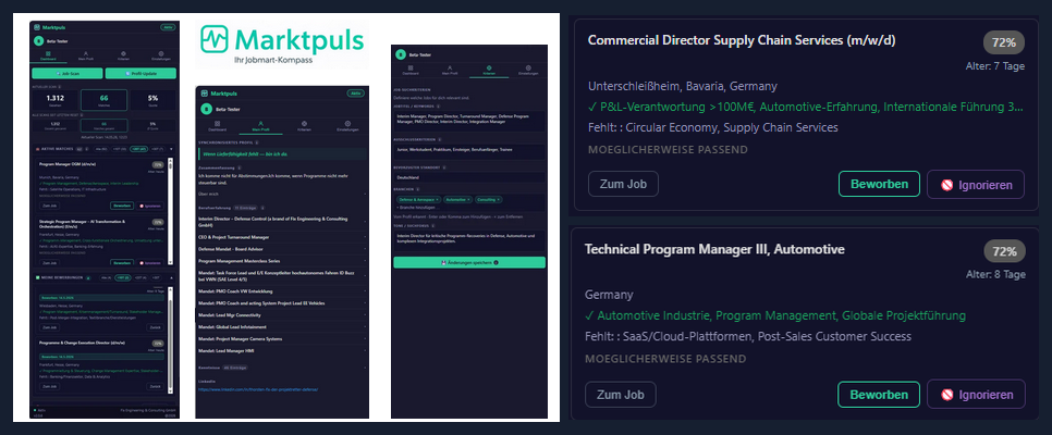 Marktpuls Dashboard — Stats, Profil und Branchen-Kriterien im Überblick
